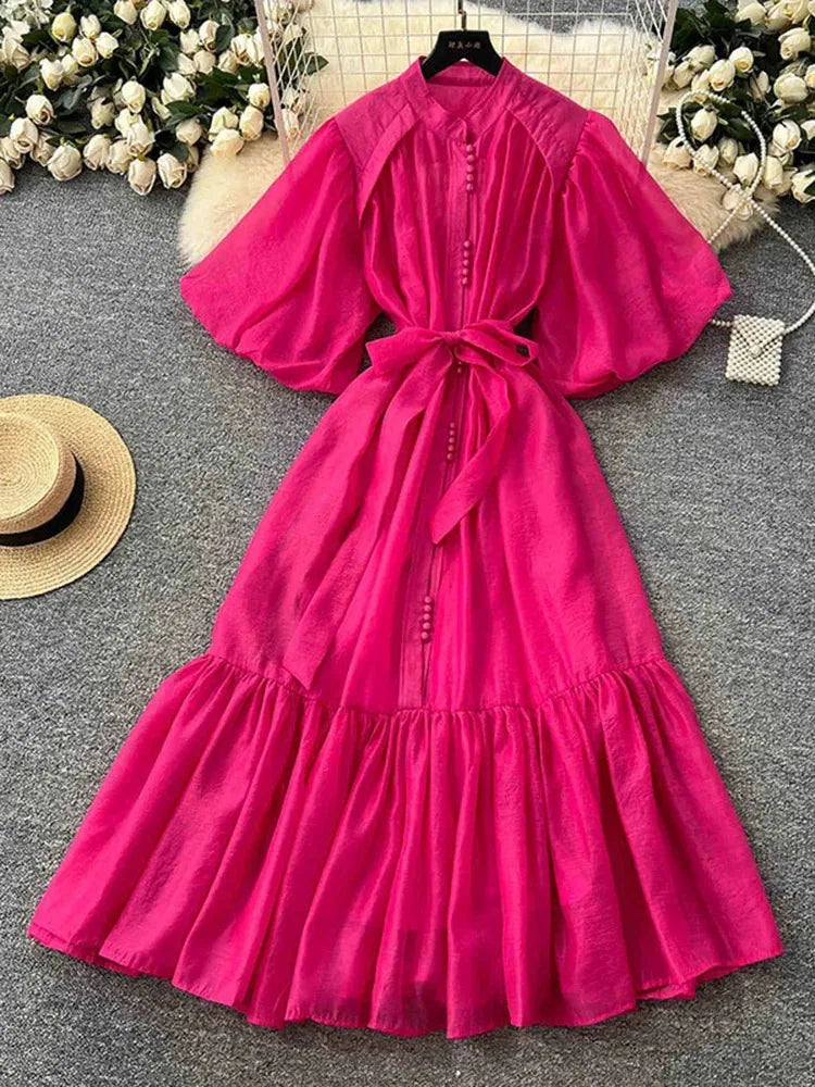 European American Dress in White Black Fashionable Lantern Sleeves Cinching Large Swing Long Dress