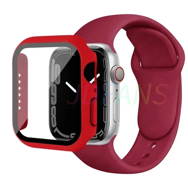 Glass+Case+Strap for Apple Watch Band 42mm 44mm 41mm 40mm 38mm 45mm 49mm Screen Protectors for Apple IWatch Series 8 7 6 SE 5 4