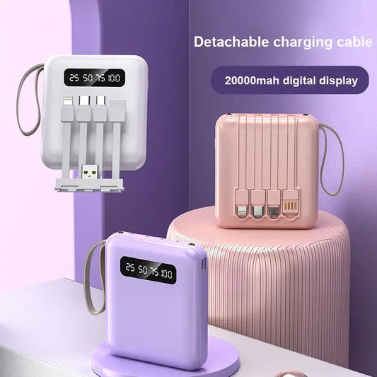 Phone Power Bank with 4 Charging Cables Mini Large Capacity Mirrored Power Bank Portable Fast Charging Powerbanks 20000 10000mAh