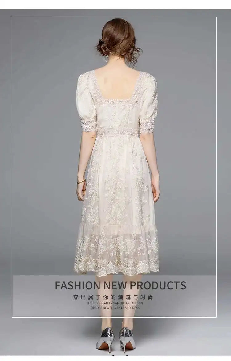 Flower Embroidery White Lace Prom Dresses Women Short Sleeve Fashion Dress Female New Style