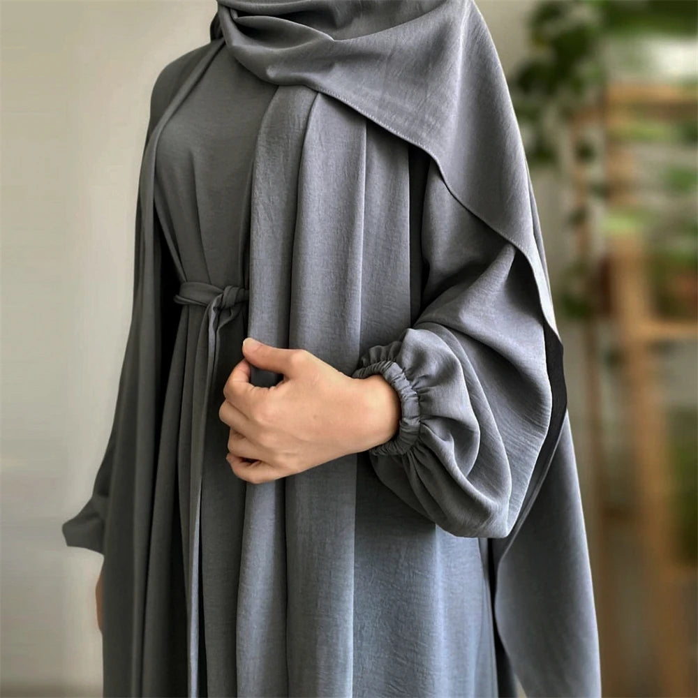 New Abaya Set Crinkle Fabric Open Abaya+Inner Long Dress Islamic Clothing Muslim Women Dresses Set