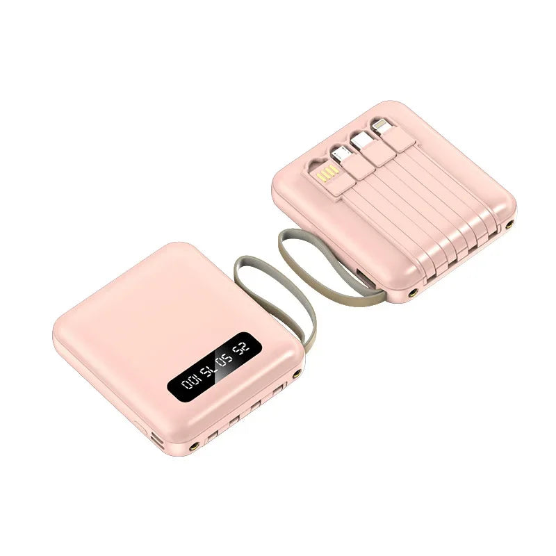 Phone Power Bank with 4 Charging Cables Mini Large Capacity Mirrored Power Bank Portable Fast Charging Powerbanks 20000 10000mAh