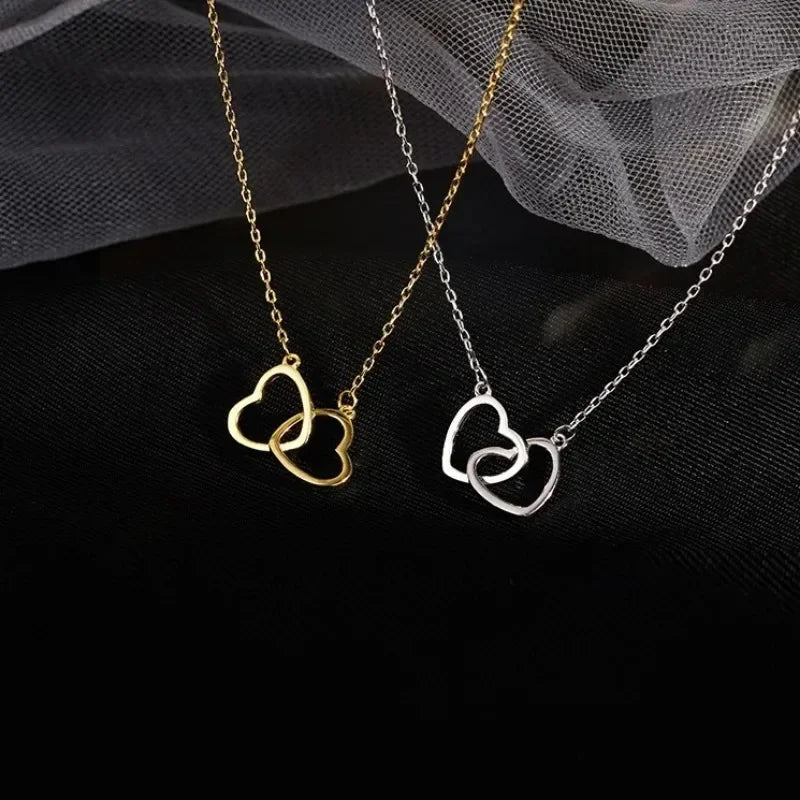 Double Heart Pendant Necklace for Women Couple Stainless Steel Choker Gold Color Chain Wedding Party Friends Jewelry Gift