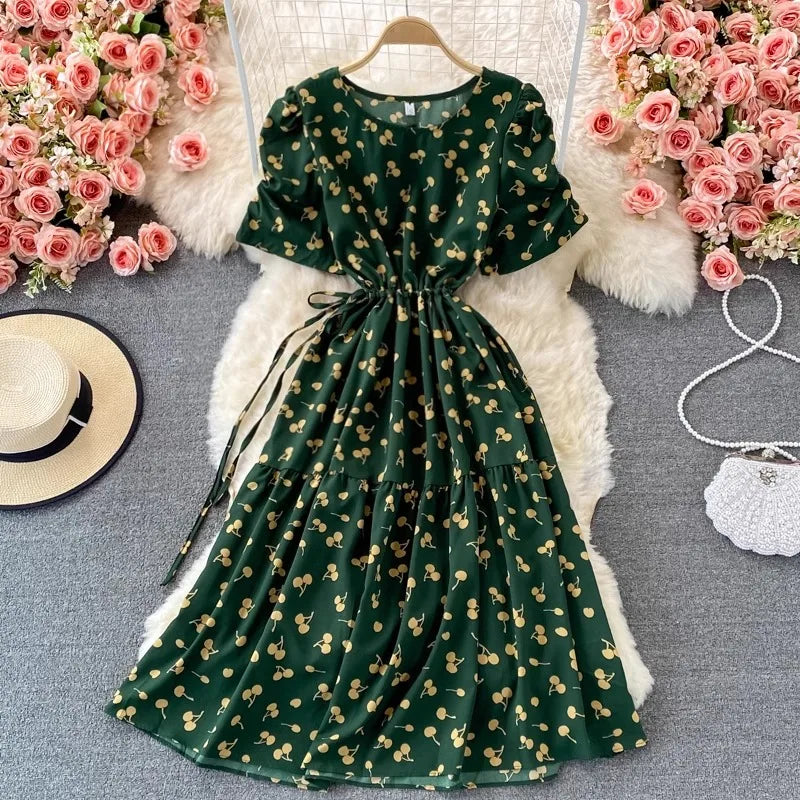 Women Dress Casual Vintage Drawstring Slim Waist A-line Long Dress Korean Fashion Sweet Cherry Printed Summer Dress