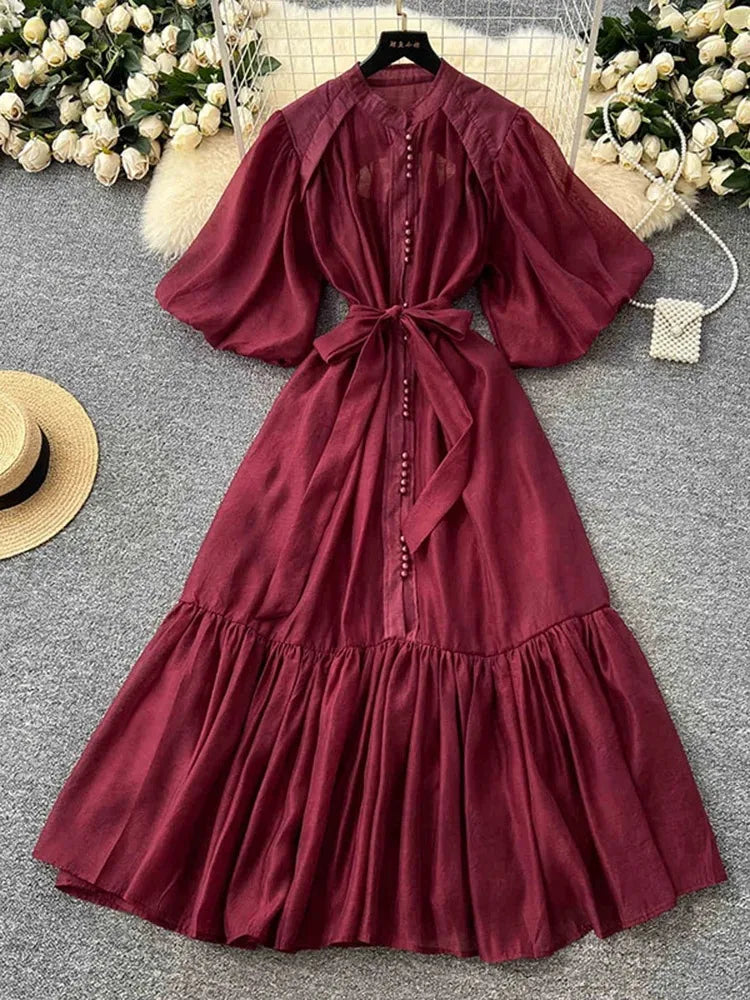 European American Dress in White Black Fashionable Lantern Sleeves Cinching Large Swing Long Dress