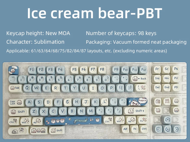 Attack Sharks 98-key cute mechanical keyboard keycaps: MOA PBT material, suitable for multi-layout keyboards