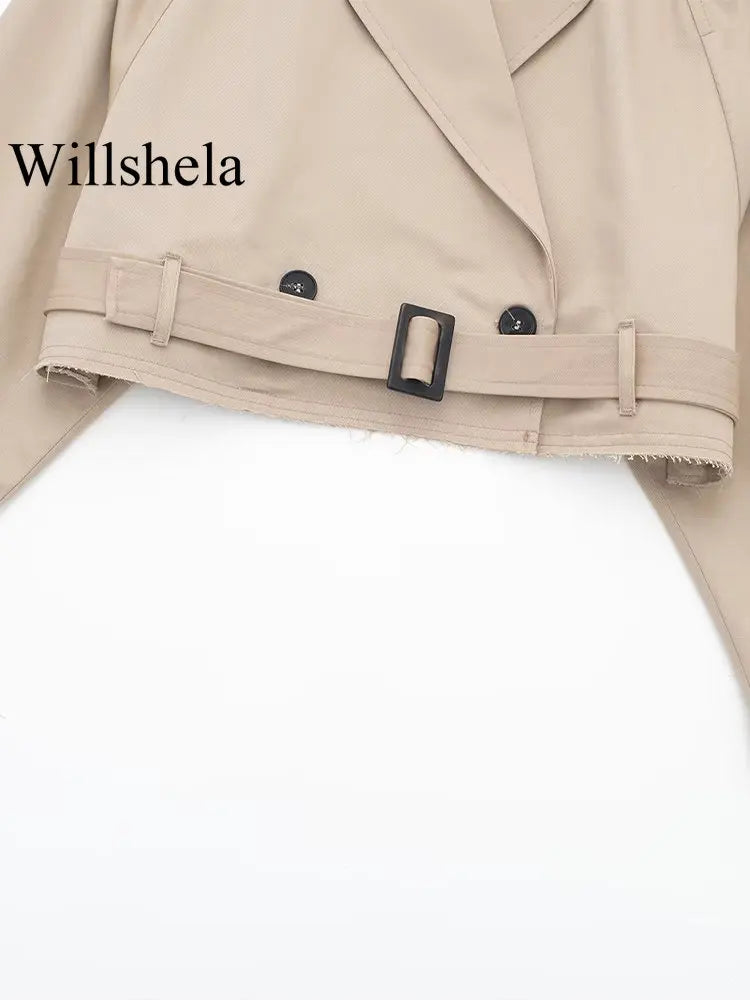 Women Fashion With Belt Cropped Trench Jacket Vintage Notched Neck Long Sleeve Coat