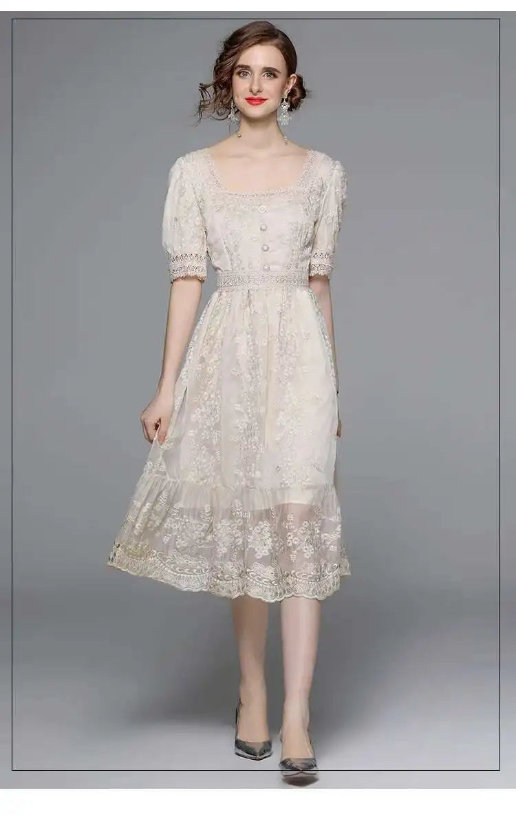 Flower Embroidery White Lace Prom Dresses Women Short Sleeve Fashion Dress Female New Style