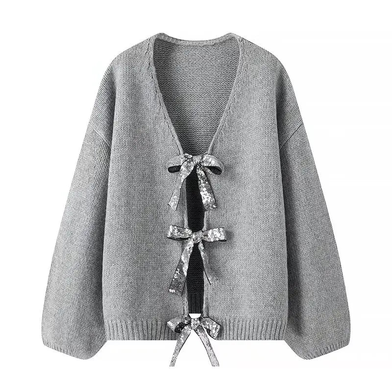 Sweater Spring And Autumn Sweater Cardigan Collarless Long Sleeves And Placket With Sequined Bow