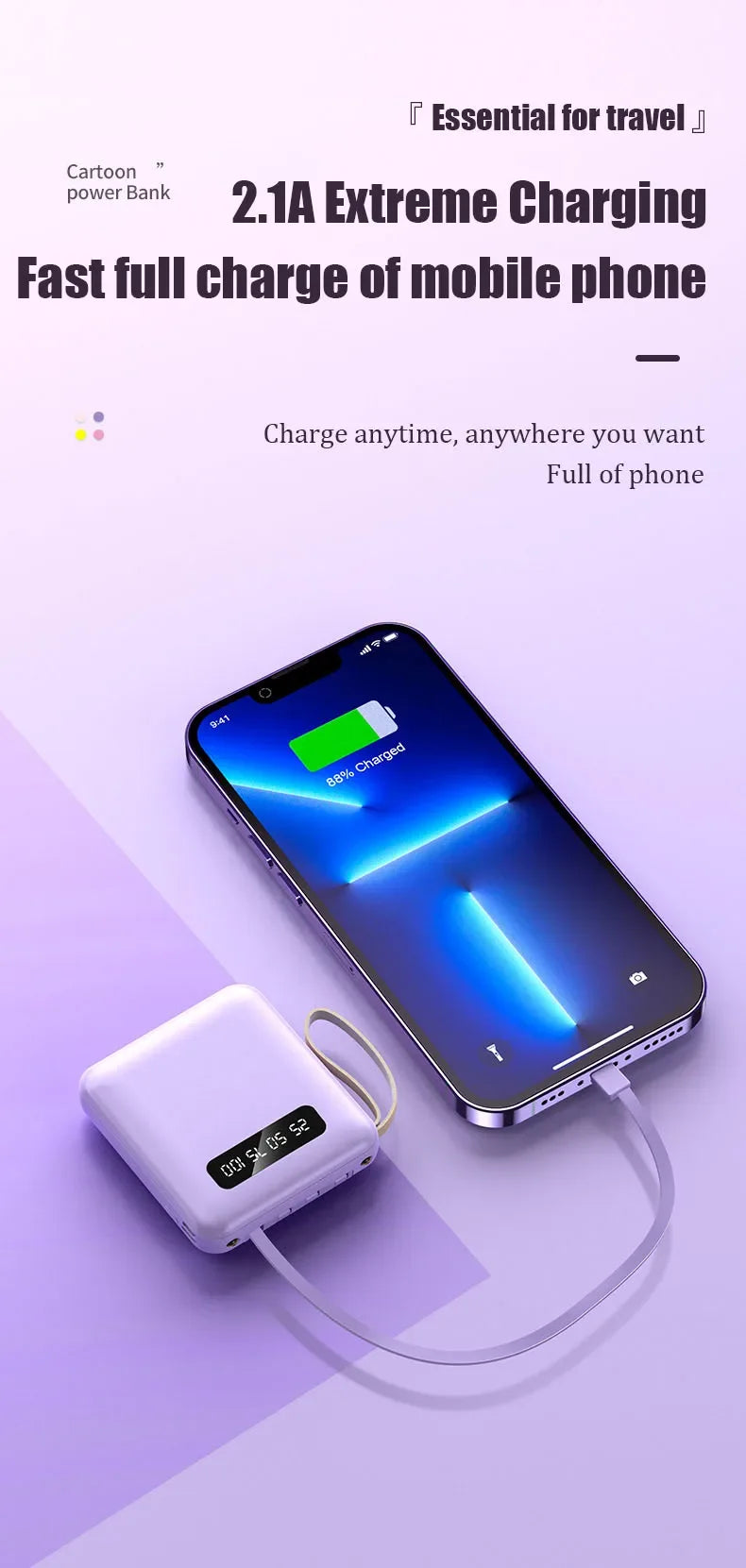 Phone Power Bank with 4 Charging Cables Mini Large Capacity Mirrored Power Bank Portable Fast Charging Powerbanks 20000 10000mAh