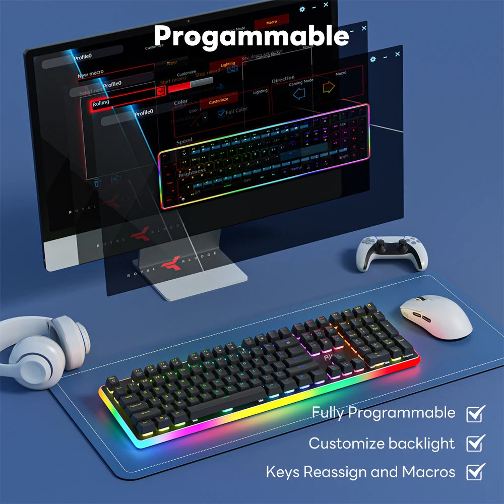 RK ROYAL KLUDGE RK918 Brazilian Portuguese Mechanical Keyboard 108 Keys RGB Backlight Gaming Keyboards with Side Lamp Hand Rest