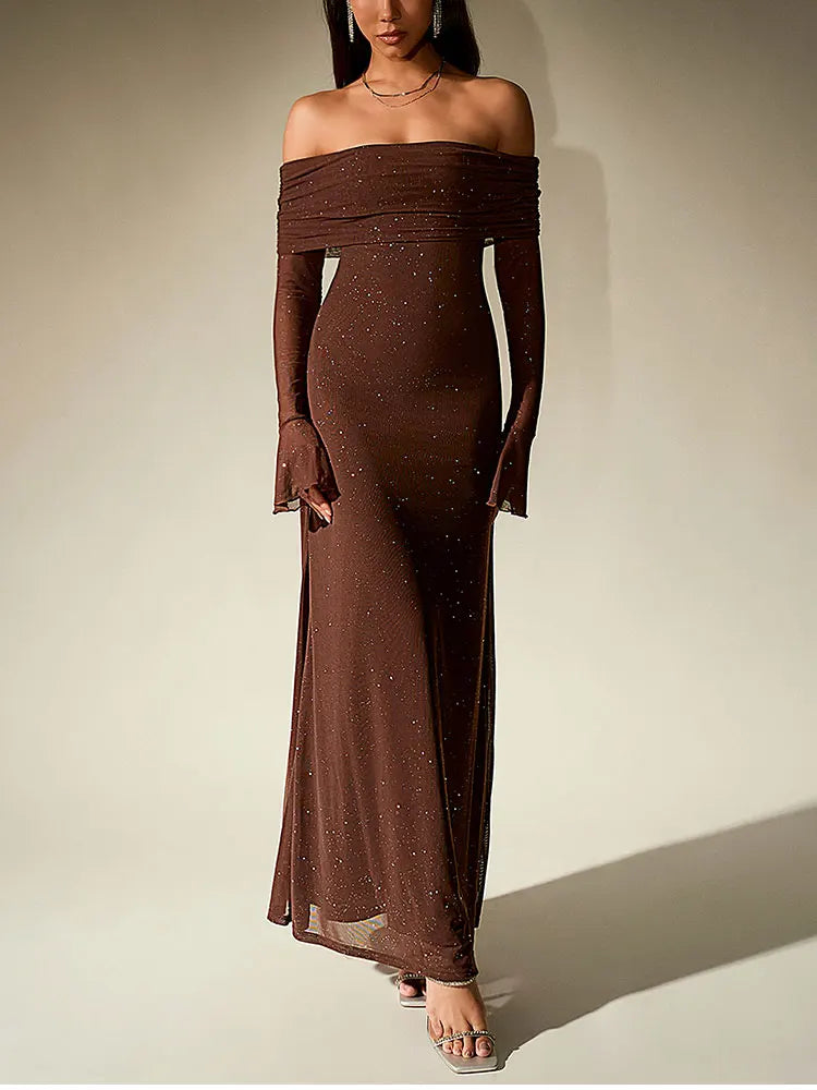 Women's Bell Sleeve Off Shoulder Sequin Long Dress Backless Double Layer Maxi Dresses