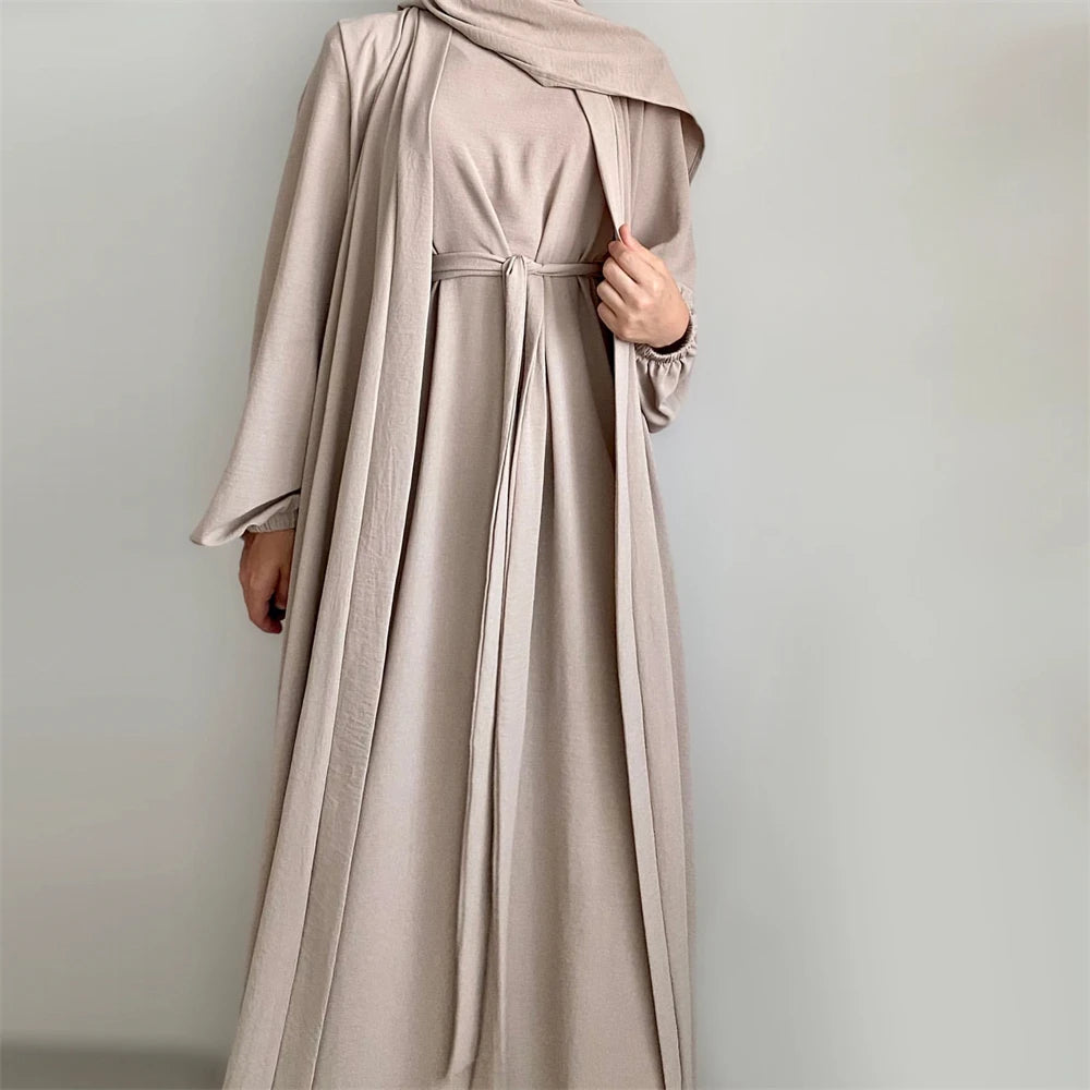 New Abaya Set Crinkle Fabric Open Abaya+Inner Long Dress Islamic Clothing Muslim Women Dresses Set