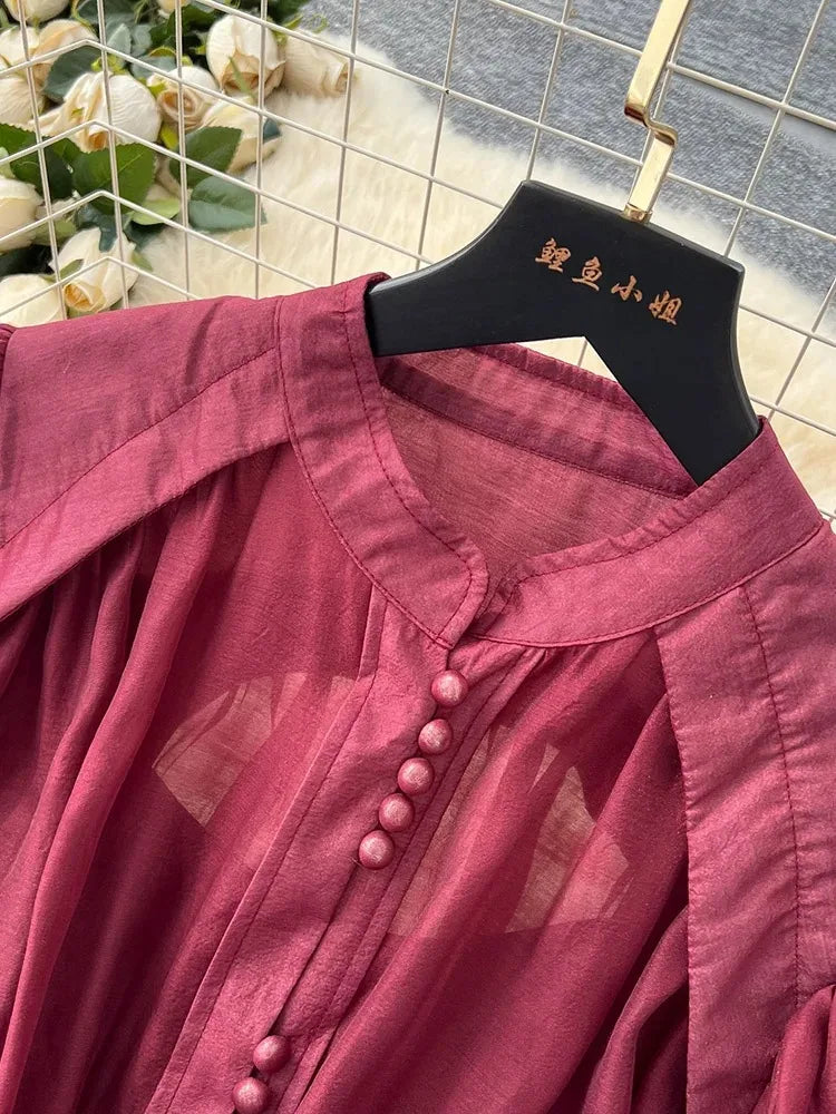 European American Dress in White Black Fashionable Lantern Sleeves Cinching Large Swing Long Dress