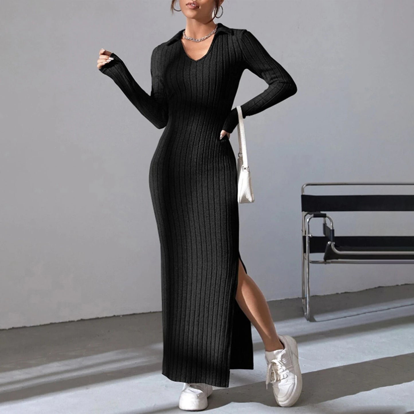 Women's Fall Winter Knitted Dress Long Sleeve Lapel Collar Solid Color Bodycon Long Dress