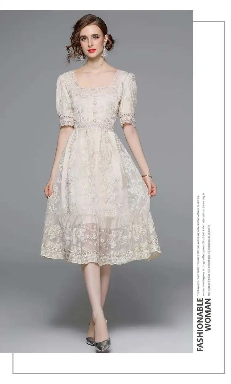Flower Embroidery White Lace Prom Dresses Women Short Sleeve Fashion Dress Female New Style