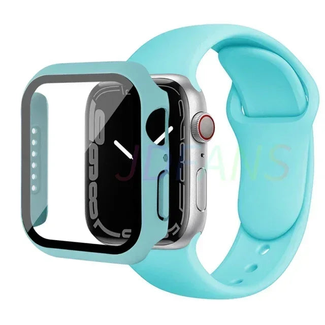 Glass+Case+Strap for Apple Watch Band 42mm 44mm 41mm 40mm 38mm 45mm 49mm Screen Protectors for Apple IWatch Series 8 7 6 SE 5 4