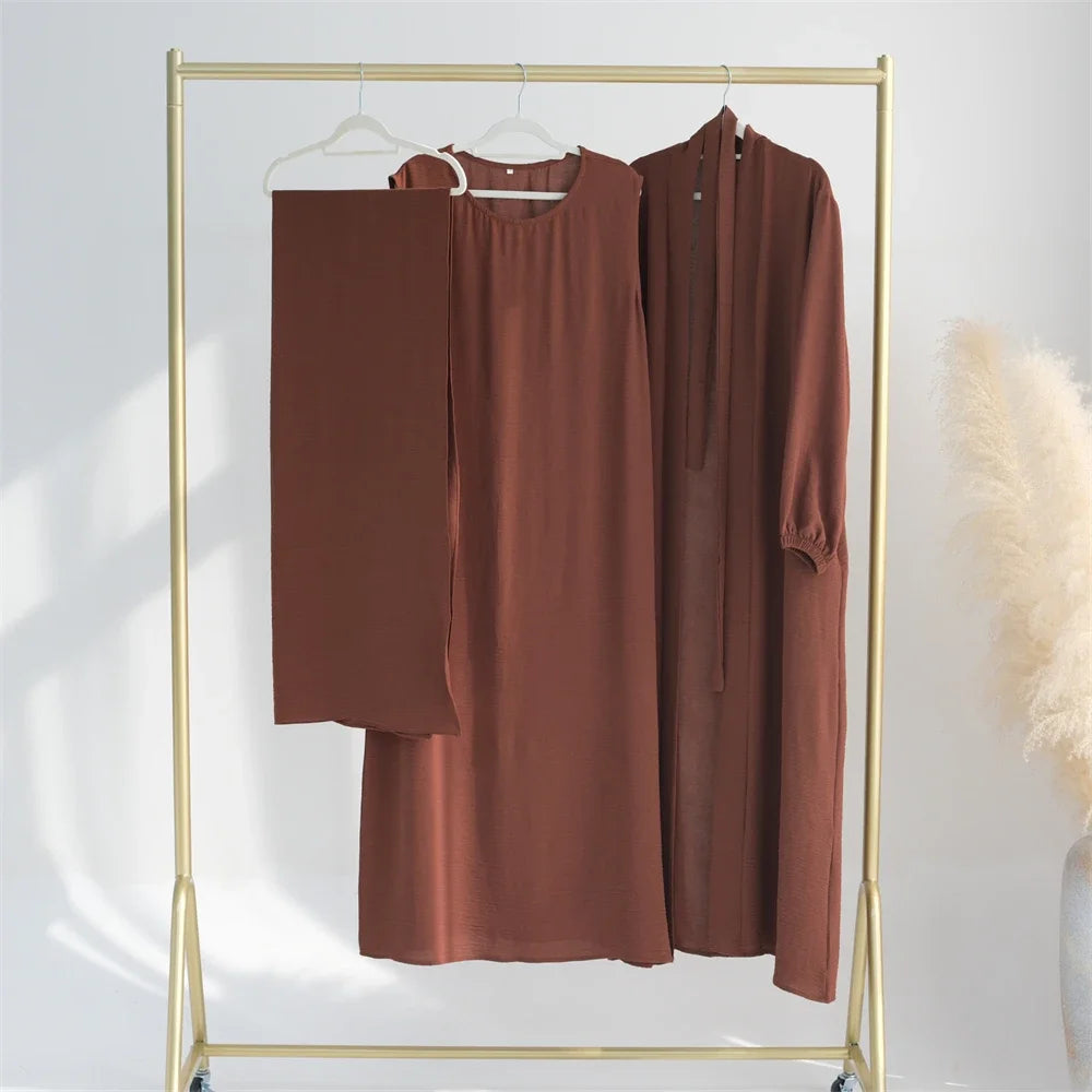 New Abaya Set Crinkle Fabric Open Abaya+Inner Long Dress Islamic Clothing Muslim Women Dresses Set