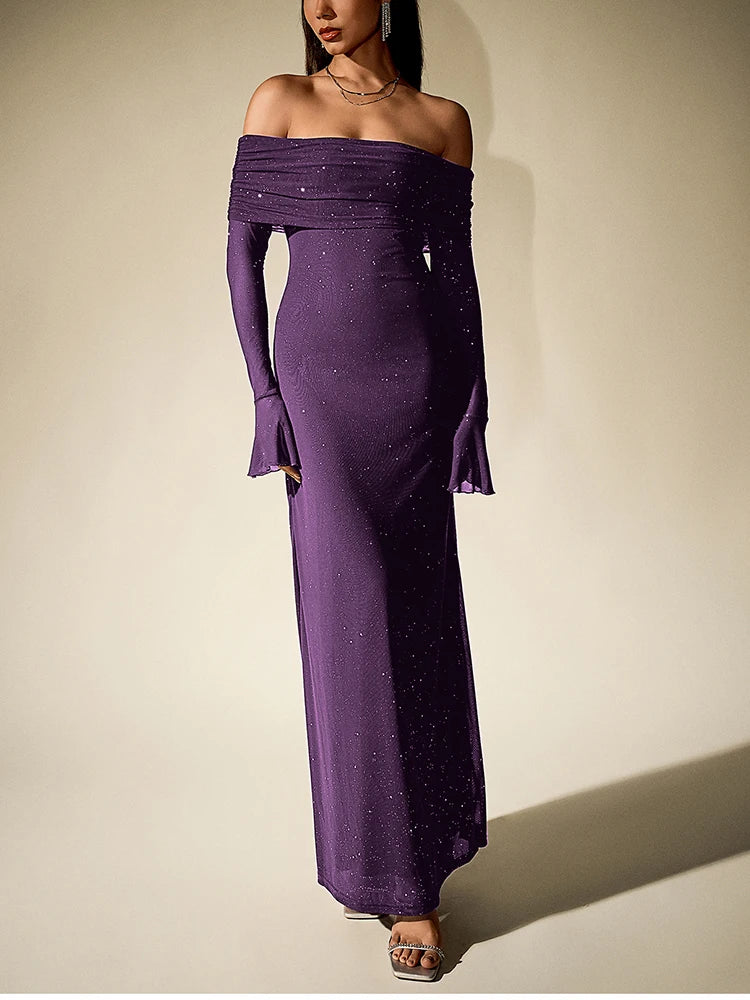 Women's Bell Sleeve Off Shoulder Sequin Long Dress Backless Double Layer Maxi Dresses