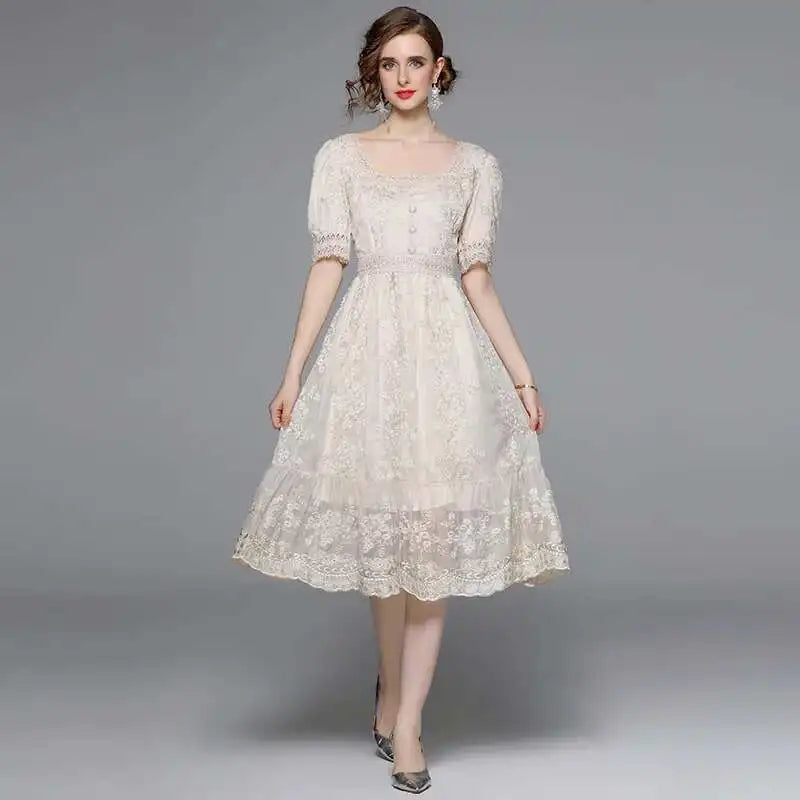 Flower Embroidery White Lace Prom Dresses Women Short Sleeve Fashion Dress Female New Style
