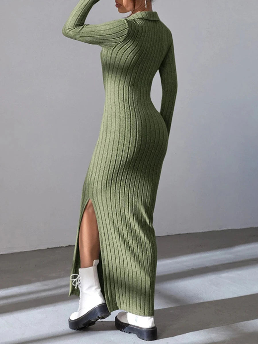 Women's Fall Winter Knitted Dress Long Sleeve Lapel Collar Solid Color Bodycon Long Dress