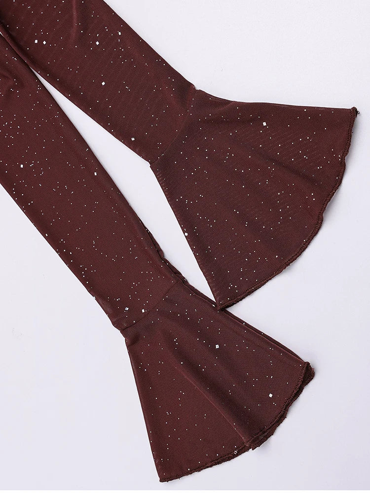 Women's Bell Sleeve Off Shoulder Sequin Long Dress Backless Double Layer Maxi Dresses