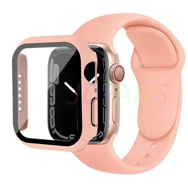 Glass+Case+Strap for Apple Watch Band 42mm 44mm 41mm 40mm 38mm 45mm 49mm Screen Protectors for Apple IWatch Series 8 7 6 SE 5 4