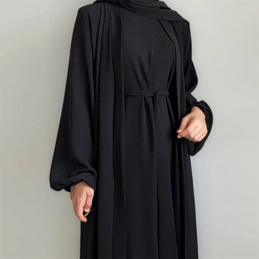New Abaya Set Crinkle Fabric Open Abaya+Inner Long Dress Islamic Clothing Muslim Women Dresses Set
