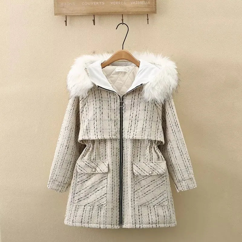 Quality Winter Jacket Detachable Fur Collar Hooded, Cotton And Thickened Windbreaker Tweed Fabric