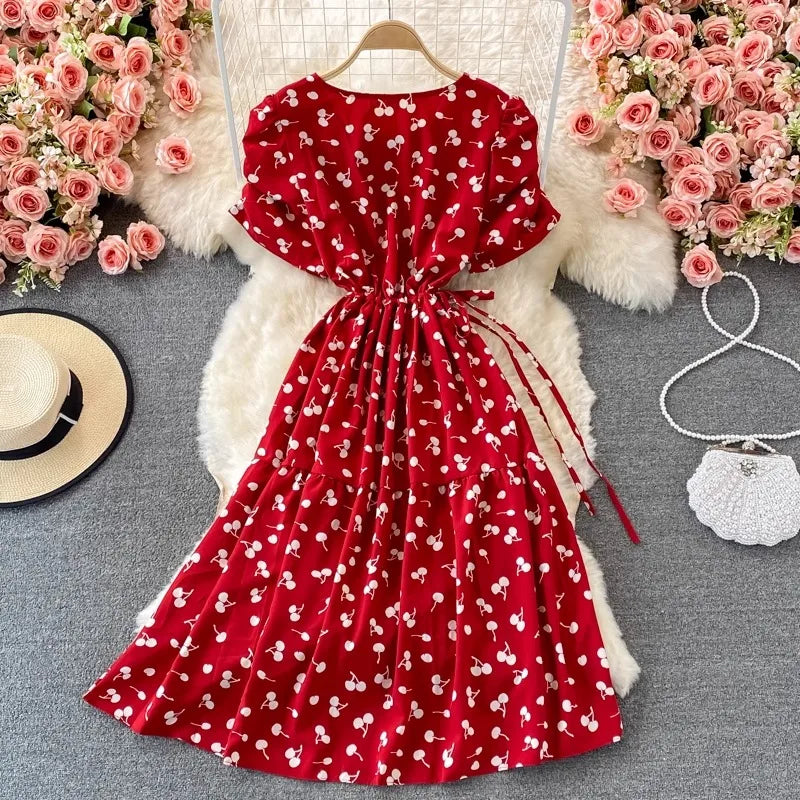 Women Dress Casual Vintage Drawstring Slim Waist A-line Long Dress Korean Fashion Sweet Cherry Printed Summer Dress