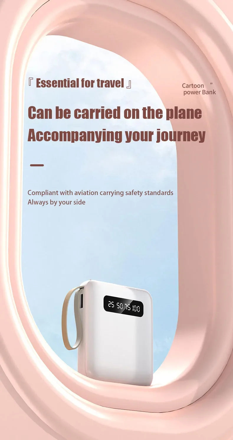 Phone Power Bank with 4 Charging Cables Mini Large Capacity Mirrored Power Bank Portable Fast Charging Powerbanks 20000 10000mAh