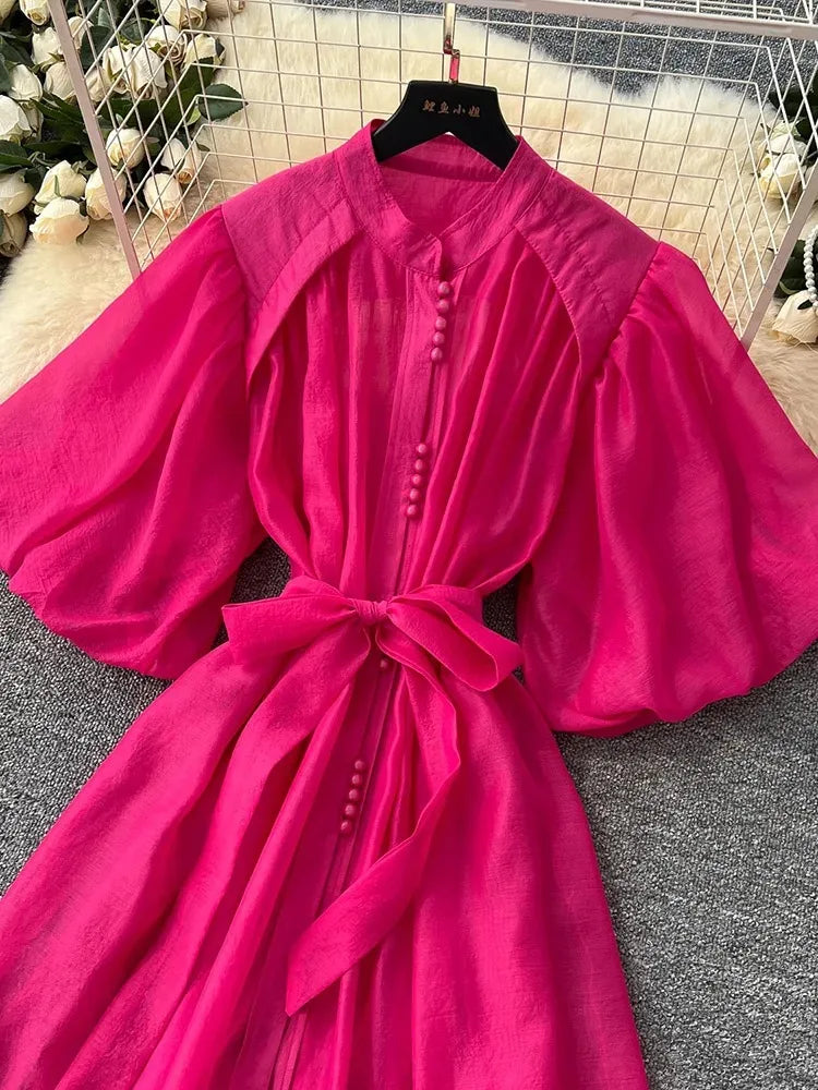 European American Dress in White Black Fashionable Lantern Sleeves Cinching Large Swing Long Dress