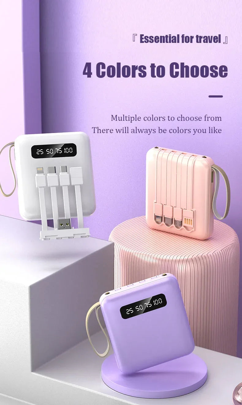 Phone Power Bank with 4 Charging Cables Mini Large Capacity Mirrored Power Bank Portable Fast Charging Powerbanks 20000 10000mAh