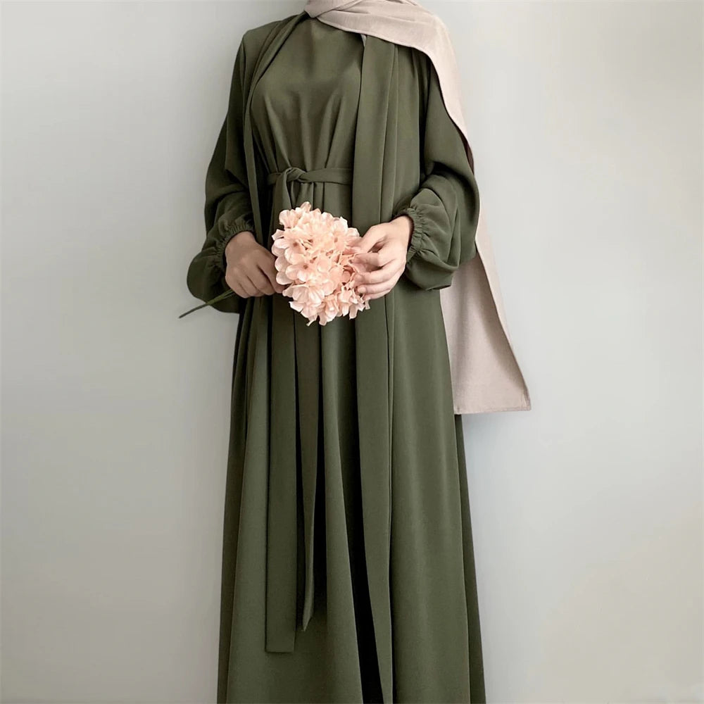 New Abaya Set Crinkle Fabric Open Abaya+Inner Long Dress Islamic Clothing Muslim Women Dresses Set