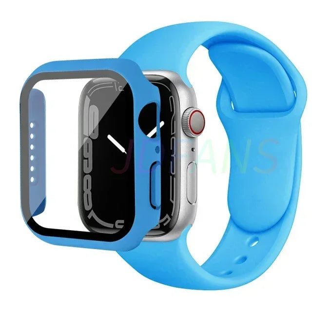 Glass+Case+Strap for Apple Watch Band 42mm 44mm 41mm 40mm 38mm 45mm 49mm Screen Protectors for Apple IWatch Series 8 7 6 SE 5 4