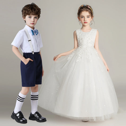 Kids Girl Princess White Long Dress For Occasions And Boy 2pcs Shirt+Pant Suit