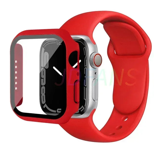 Glass+Case+Strap for Apple Watch Band 42mm 44mm 41mm 40mm 38mm 45mm 49mm Screen Protectors for Apple IWatch Series 8 7 6 SE 5 4
